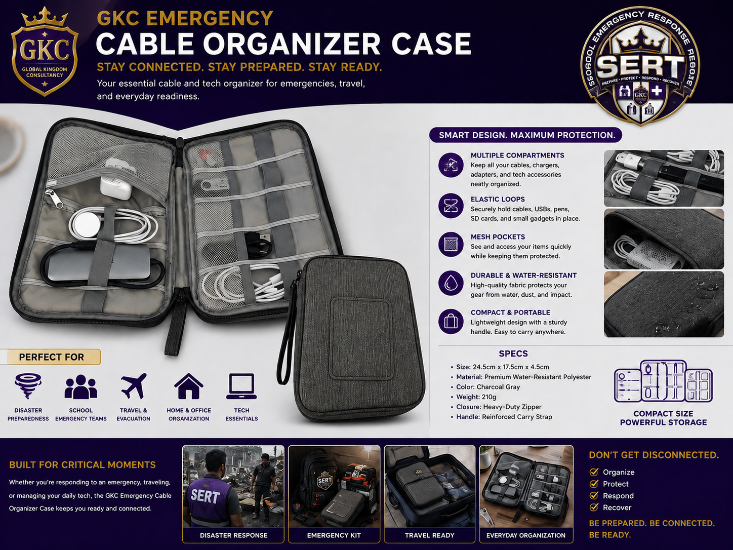 Customizable SERT emergency cable organizer case with a blank school or business logo placement panel